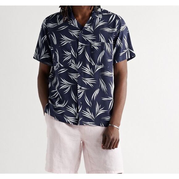 Onia size large mens short sleeve button down shirt navy blue and white - Picture 1 of 4